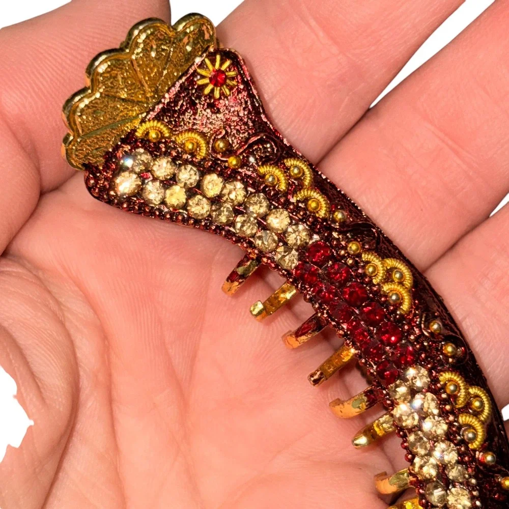 Vintage Ornate Rhinestone Banana Hair Clip Gold Burgundy Enamel Filigree Crystal